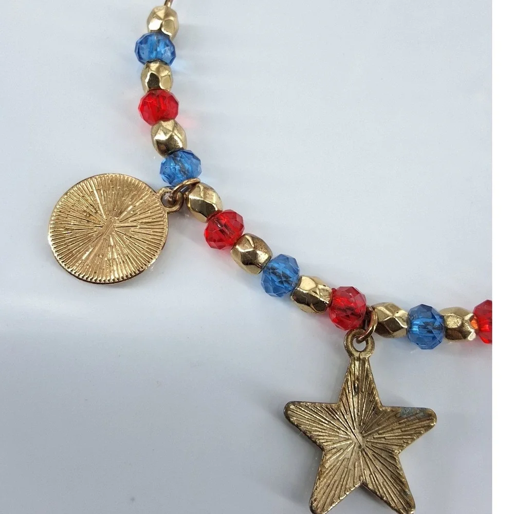 Patriotic Gold Tone Charm‎ Bangle Bracelet Red Blue Beads Star Heart AB Crystal